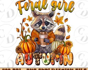 Feral Girl Autumn Raccoon PNG, Fall Vibes Sublimation Design (Digital Download)