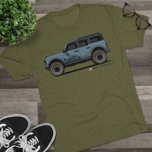 Ford Bronco Shirt, Bronco tee shirt, Bronco Paint Colors, Built in America - Area 51 Bronco - Unisex Tri-Blend Crew Tee