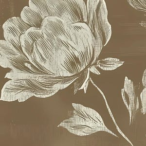 以下が含まれることがあります： 茶色の背景に、詳細な花びらの質感と葉を持つ大きな白いシャクヤクの花を特徴とするフローラルデザイン。 画像は、壁紙や生地に適した、テクスチャ加工された芸術的な外観をしています。