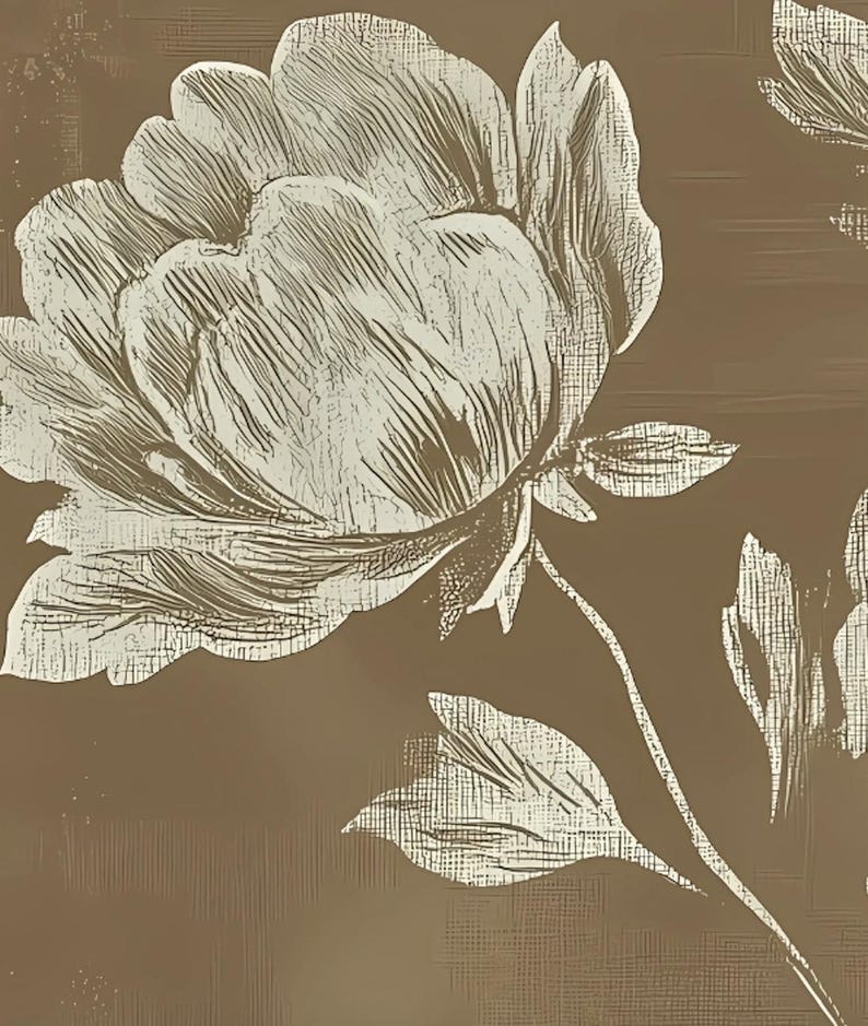 以下が含まれることがあります： 茶色の背景に、詳細な花びらの質感と葉を持つ大きな白いシャクヤクの花を特徴とするフローラルデザイン。 画像は、壁紙や生地に適した、テクスチャ加工された芸術的な外観をしています。