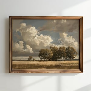 May include: A framed painting of a landscape with a field of grass, a group of trees, and a cloudy sky. The painting is in a brown wooden frame.