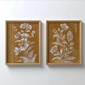 Vintage Floral Print Set: Burnt Orange Flower Illustration Diptych (Digital Download)