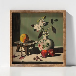 Vintage Fruit and Flowers Still Life Botanical | Japanese Inspired Woodblock Wall Art | Digital Download