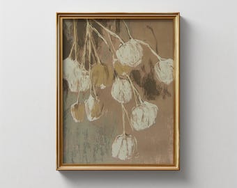 May include: A framed painting of a cluster of white and beige flowers with a brown background.