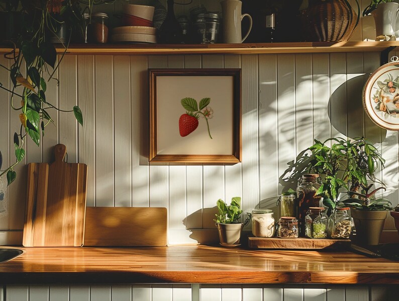 May include: A wooden shelf with a framed print of a red strawberry on a white background. The shelf is decorated with plants, jars, and other kitchen items.
