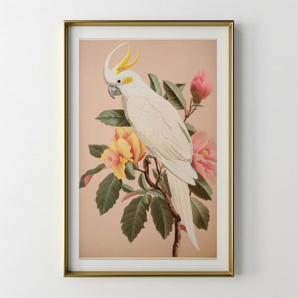 Vintage Cockatoo and Flowers Bird Digital Download | Australian Wildlife | Soft Pastel Pink | Australian Botanical Bird Lithograph Wall Art