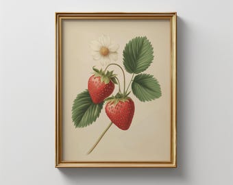 May include: A vintage botanical illustration of a strawberry plant with two ripe red strawberries and a single white flower. The illustration is framed in a gold frame.