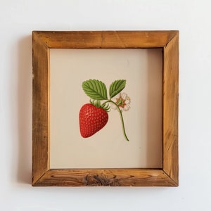 May include: A framed botanical illustration of a single red strawberry with green leaves and a white flower. The frame is made of natural wood with a rustic finish.