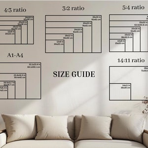 May include: A size guide for prints with different aspect ratios, including 4:3, 3:2, 5:4, and 14:11. The guide shows the dimensions in inches and centimeters for each ratio.