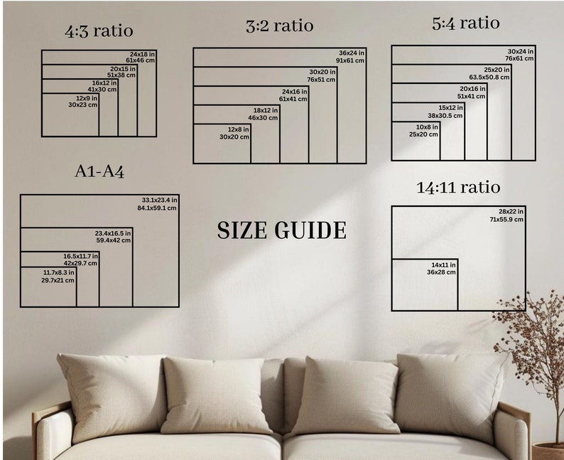 May include: A size guide for prints with different aspect ratios, including 4:3, 3:2, 5:4, and 14:11. The guide shows the dimensions in inches and centimeters for each ratio.