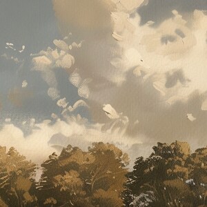 May include: A painting of a cloudy sky with a forest in the foreground. The sky is a light blue with white clouds. The forest is a dark green with brown trees.