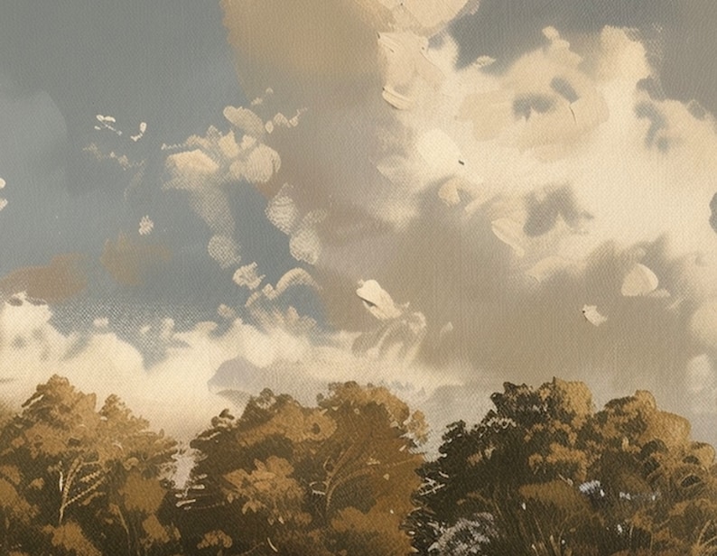 May include: A painting of a cloudy sky with a forest in the foreground. The sky is a light blue with white clouds. The forest is a dark green with brown trees.