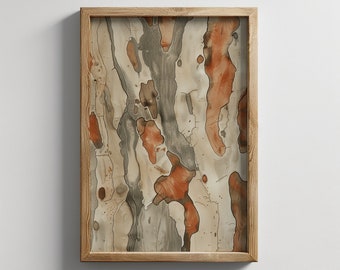 May include: A framed abstract print with a wood frame. The print features a pattern of brown, orange, and white abstract shapes.