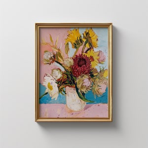 May include: A framed painting depicting a bouquet of flowers in a white vase. The flowers are a mix of yellow, red, and white, with a light blue and pink background.