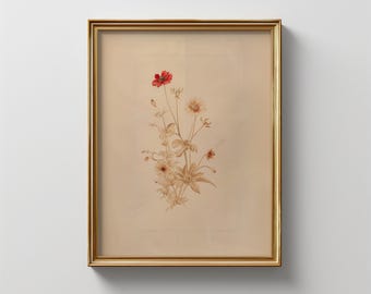 May include: A framed print of a watercolor painting of a bouquet of flowers. The flowers are mostly white with a single red flower in the center.