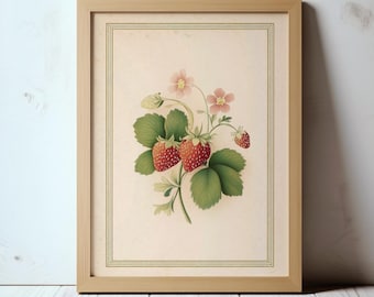 Vintage Strawberry Botanical Print | Simple Minimal Wall Art | Green Border |Rustic Farmhouse Decor | Digital Download