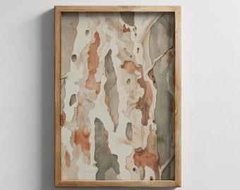 Könnte beinhalten: Ein gerahmter abstrakter Kunstdruck mit weißem Hintergrund und braunen, orangen und grauen abstrakten Formen. Der Druck ist in einem Holzrahmen.