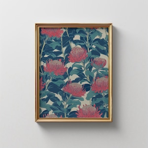 Vintage Waratah Floral Pattern Art Print | Red Green Flower I Digital Download | Floral Wall Art Painting,Australian Flower | Digital Print
