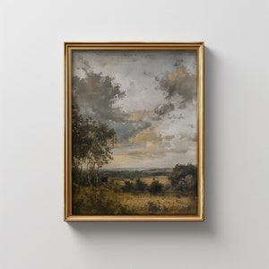 May include: A framed painting of a landscape with a cloudy sky, green trees, and a field in the foreground.
