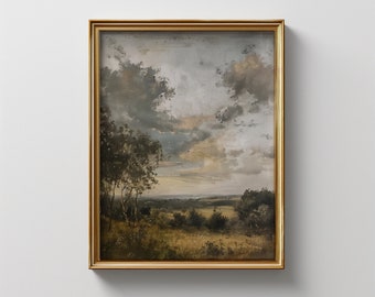 May include: A framed painting of a landscape with a cloudy sky, green trees, and a field in the foreground.