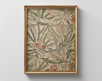 May include: A framed print with a vintage botanical illustration of a floral pattern in shades of green, brown, and red. The print features a repeating pattern of stylized flowers and leaves.