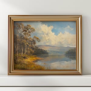 Vintage Australian Lakeside Landscape Print: Rustic Eucalyptus Painting (Digital Download)
