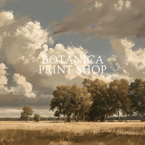 May include: A painting of a landscape with a field of tall grass, a line of trees, and a cloudy sky. The text "BOTANICA PRINT SHOP" is in the center of the image.