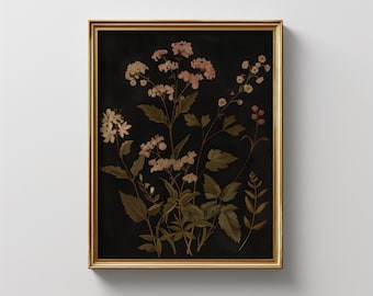 ヴィンテージ風野花プリント：ダークな植物画風アンティークアート（デジタルダウンロード）