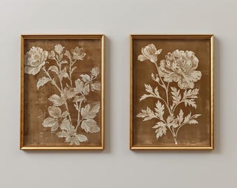Vintage Blumen bedruckbares 2er Set | Gebrannte Orange Blumen Illustration | Antike Wandkunst | Rustikales Bauernhaus | Digitaler Download