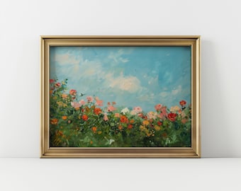 Vintage Wildflower Landscape Print: Impressionist Farmhouse Wall Art (Digital Download)