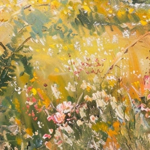 May include: A close-up of a painting depicting a field of wildflowers in shades of yellow, green, white, and pink. The flowers are painted with loose brushstrokes, creating a textured and impressionistic effect.