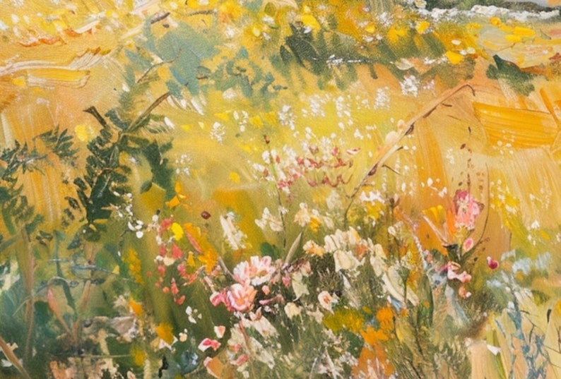 May include: A close-up of a painting depicting a field of wildflowers in shades of yellow, green, white, and pink. The flowers are painted with loose brushstrokes, creating a textured and impressionistic effect.