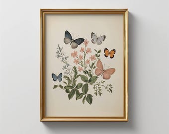 Vintage Butterfly Floral Print | Simple Minimal | Antique Rustic Botanical Wall Art | Printable Digital Download