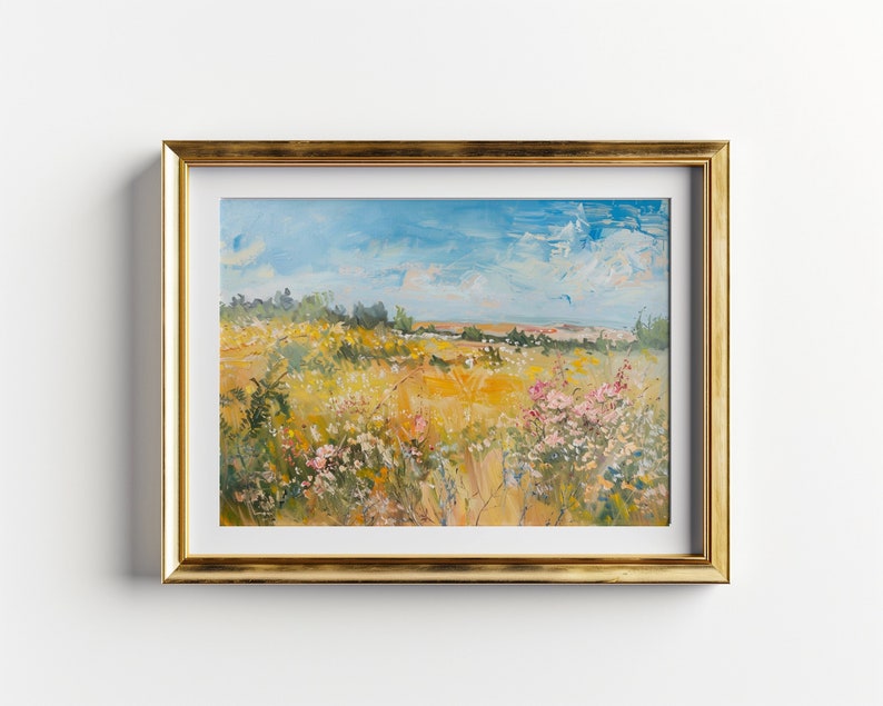 May include: A framed painting of a landscape with a field of wildflowers in the foreground and a blue sky with clouds in the background.