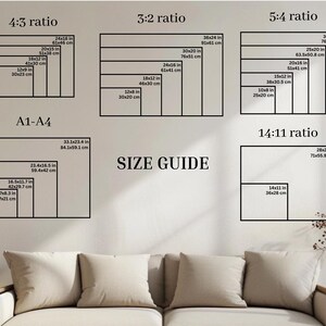 May include: A size guide for prints with different aspect ratios, including 4:3, 3:2, 5:4, and 14:11. The guide shows the dimensions in inches and centimeters for each ratio.
