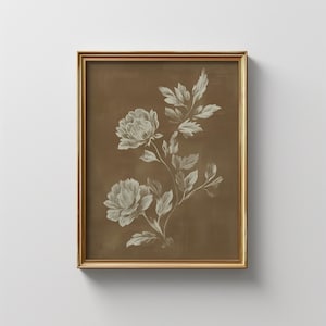 Simple Wall Art Antique Floral Print Brown peony flowers digital download instant download