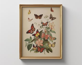 Lámina vintage de mariposas y flores / Arte mural botánico antiguo / Arte mural floral de estilo rústico / Descarga digital
