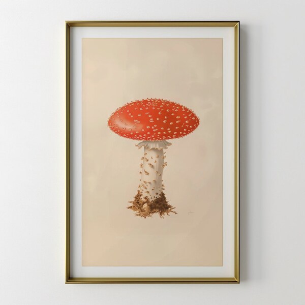 Fungo rosso vintage / Stampa Amanita Muscaria / Stampa del fungo Cottage Core / Arte della parete botanica del fungo singolo / Download digitale