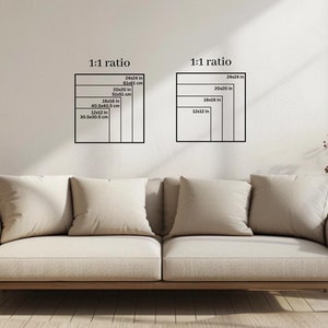 May include: A white wall with two sets of black squares showing different sizes of square canvases in inches and centimeters. The text "1:1 ratio" is above each set of squares. A light beige sofa with two pillows is in the foreground.