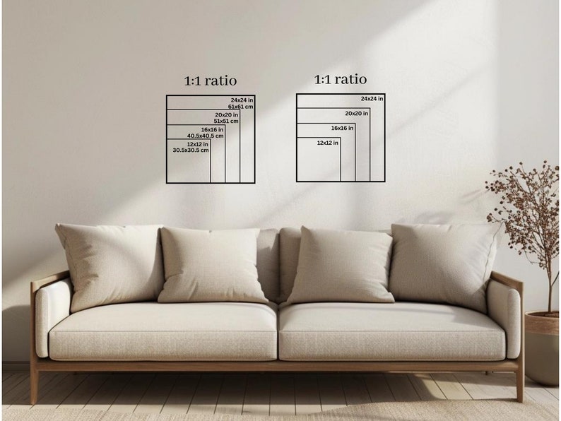 May include: A white wall with two sets of black squares showing different sizes of square canvases in inches and centimeters. The text "1:1 ratio" is above each set of squares. A light beige sofa with two pillows is in the foreground.