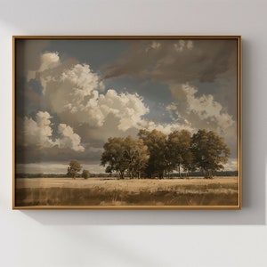 May include: A framed painting of a landscape with a group of trees in a field under a cloudy sky. The sky is a light blue with large white clouds. The trees are a dark green and the field is a light brown.