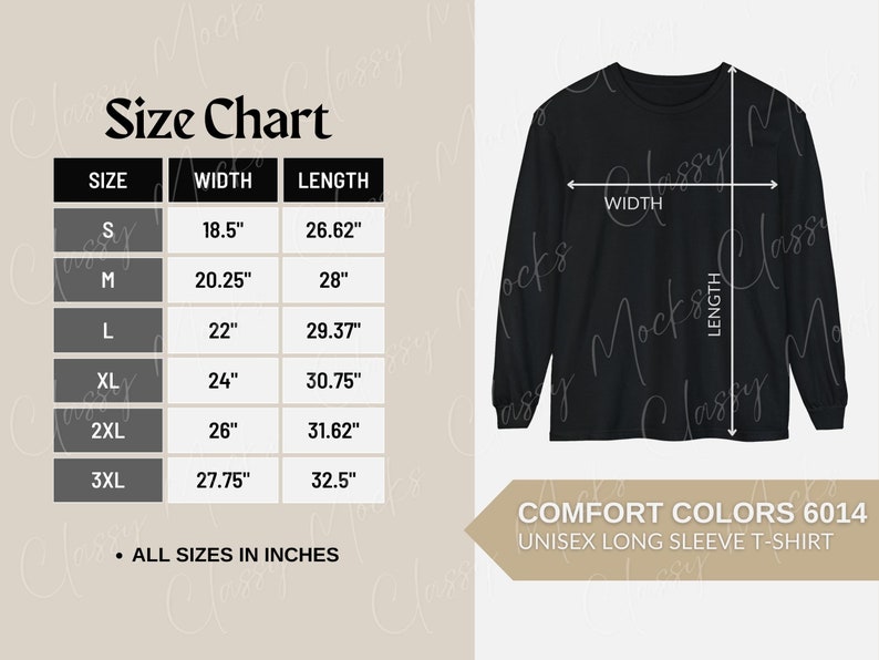Comfort Colors 6014 Size Chart Sizing Guide for Unisex Long - Etsy