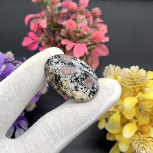 Puede incluir: Una piedra lisa de forma ovalada pulida con un patrón moteado negro, blanco y rosa. La piedra está siendo sostenida en una mano.