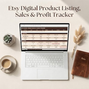 May include: A white laptop displaying an Etsy Digital Product Royalty & Relist Tracker spreadsheet. The screen shows columns for store metrics, revenue, and profit. Beside the laptop are a small succulent, a coffee cup, and a brown notebook.