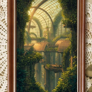 May include: A rectangular brown wooden frame containing a print of a large glass greenhouse structure filled with lush green climbing plants, arched metal supports, and elevated walkways bathed in warm, golden sunlight filtering through the glass.