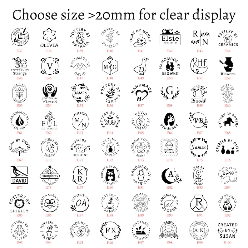 Puede incluir: Una cuadr&iacute;cula de 100 sellos circulares en blanco y negro con diferentes dise&ntilde;os y texto. Cada sello tiene un n&uacute;mero del E37 al E100. Los sellos est&aacute;n dispuestos en 10 filas de 10 sellos cada una. El texto en los sellos incluye nombres, palabras como "cer&aacute;mica", "hecho a mano" y "creado por".
