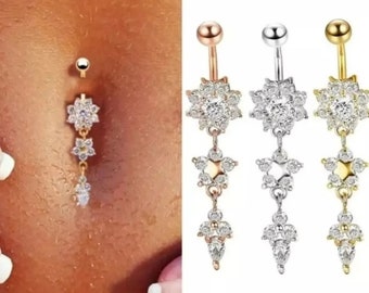 Sparkly floral flower daisy dangly belly bar - silver gold rose gold