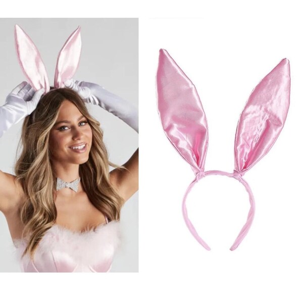 Pink satin silk bunny rabbit ears mask headband fancy dress Hendo