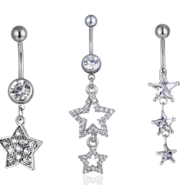Sparkly star stars dangly belly bar - silver clear