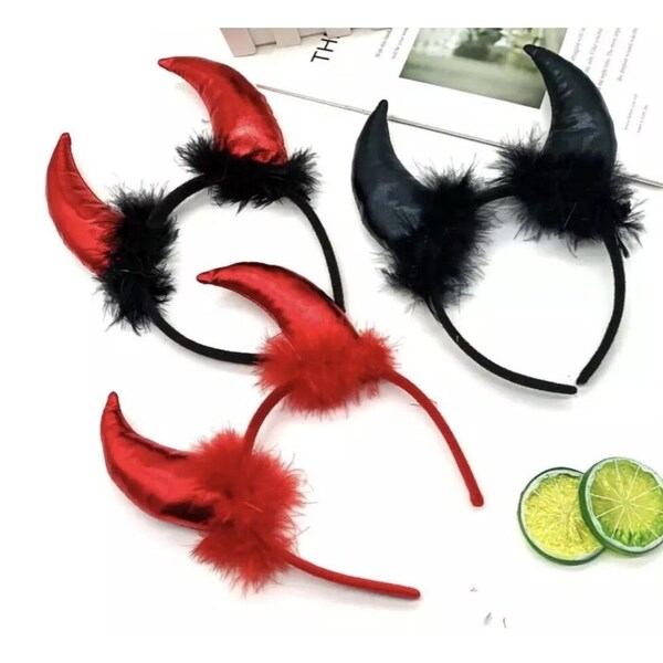 Devil horn horns headband red black fur fluffy adults childs uk halloween costume fancy dress